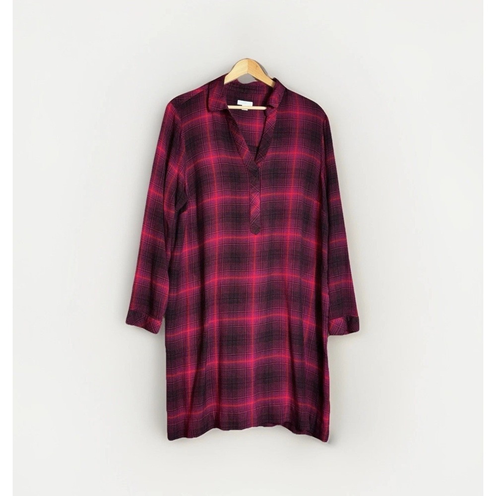 J. Jill Women's Pink Red Plaid Shirt Dress Long Sleeve Pockets Size L Rayon
